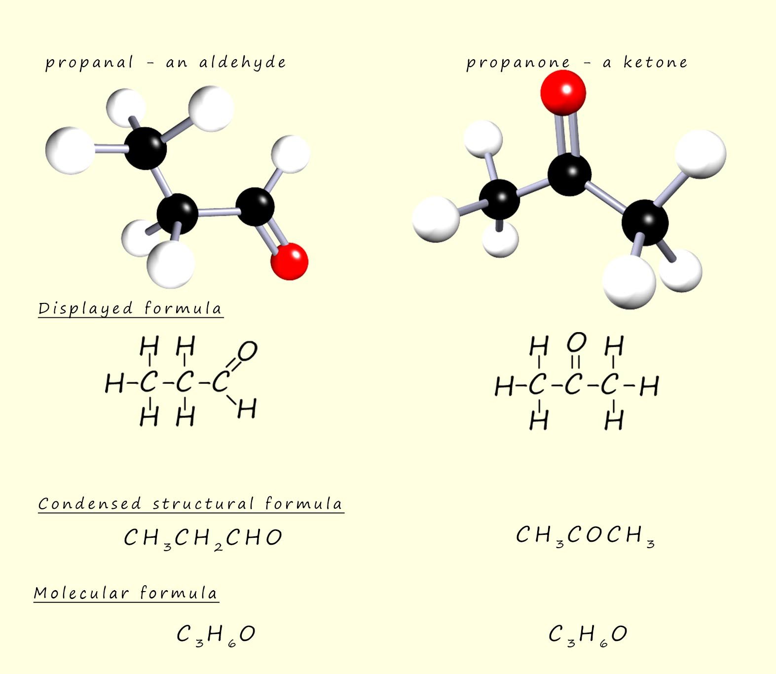 3d models of the functional group isomers propanone and propanal.